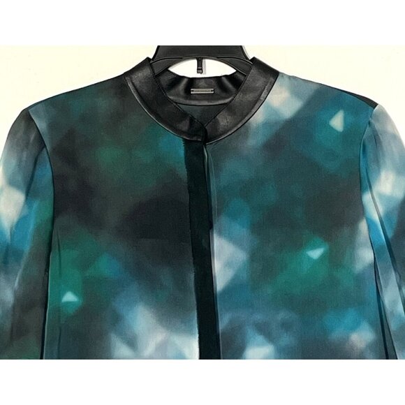 ELIE TAHARI Chelsea Turquoise Black 100% Silk Lamb Leather Shirt Blouse - Picture 9 of 11
